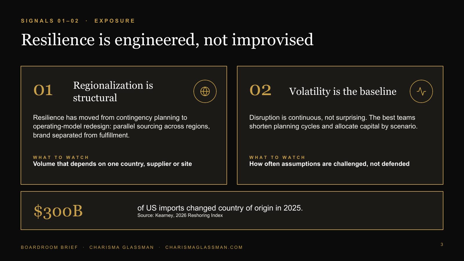 Signals 1 and 2: resilience is engineered, not improvised; regionalization is structural and volatility is the baseline