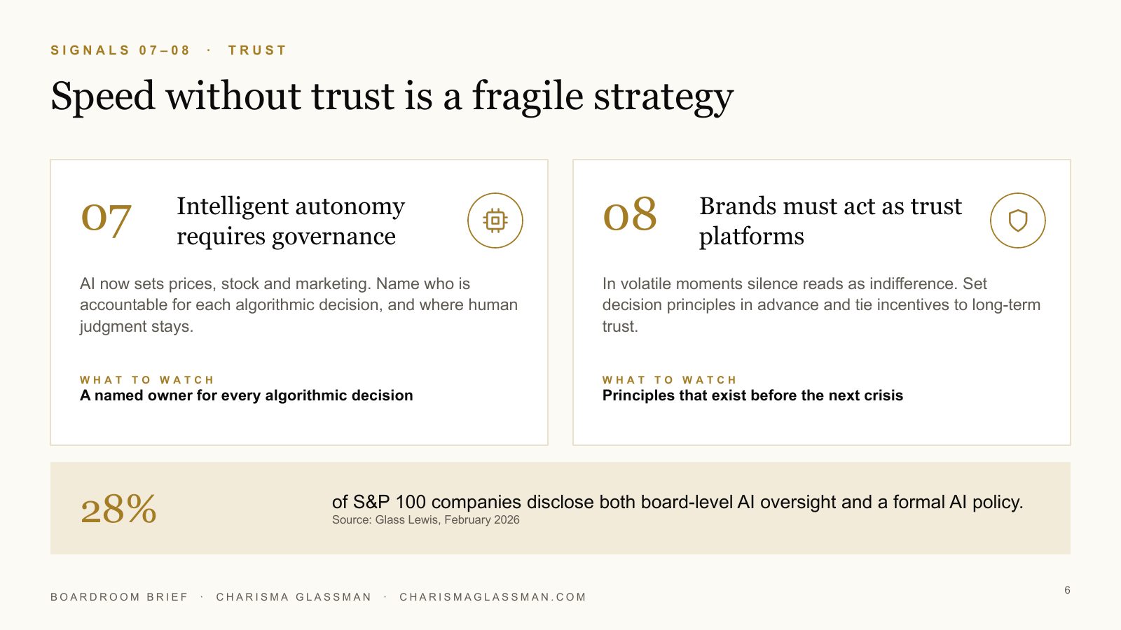 Signals 7 and 8: speed without trust is a fragile strategy; intelligent autonomy requires governance and brands act as trust platforms
