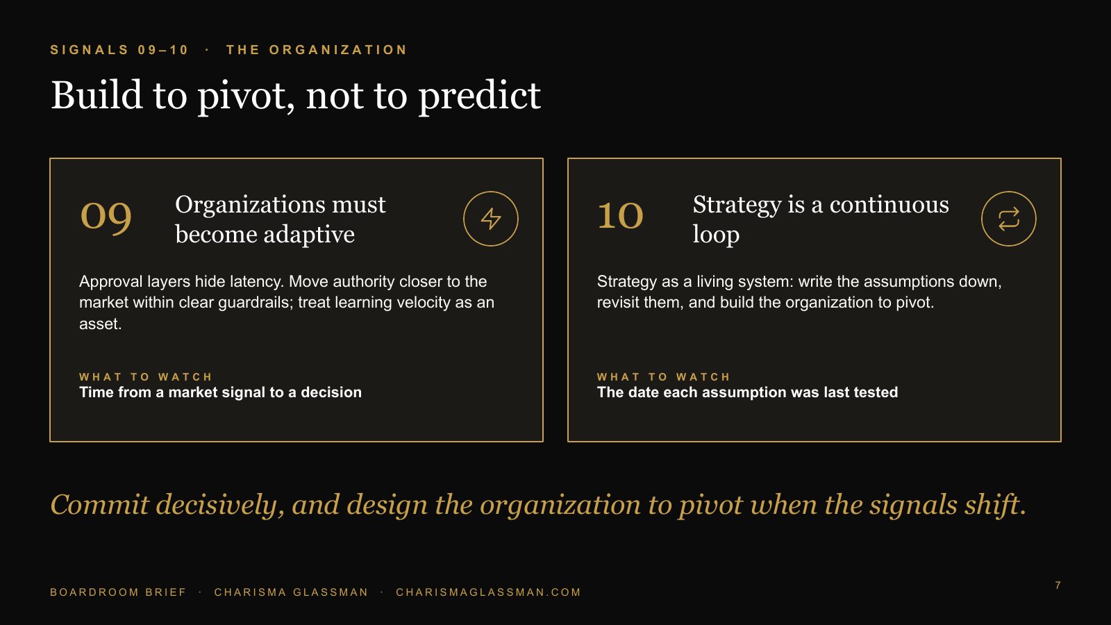 Signals 9 and 10: build to pivot, not to predict; adaptive organizations and strategy as a continuous loop